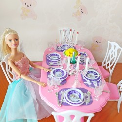 Barbie Doll Dining Girl Princess Overnight Role Playing Toy 6pcs 30cm/11.8" Doll Furniture