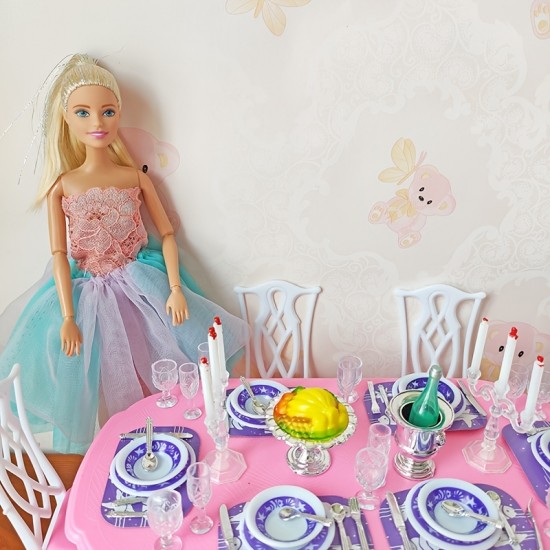 Barbie Doll Dining Girl Princess Overnight Role Playing Toy 6pcs 30cm/11.8" Doll Furniture