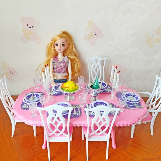 Barbie Doll Dining Girl Princess Overnight Role Playing Toy 6pcs 30cm/11.8" Doll Furniture